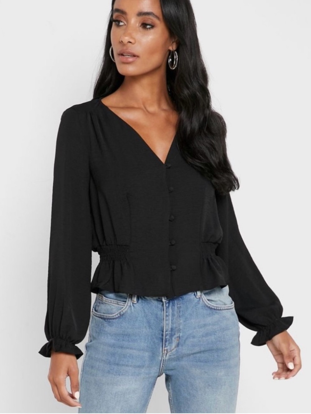 Topshop Shirred Button Down V-Neck Blouse